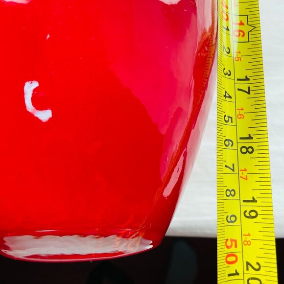 Red Mid Century Modern Glass Vase White Glazing Inside Heavy U - Picture 6 of 9